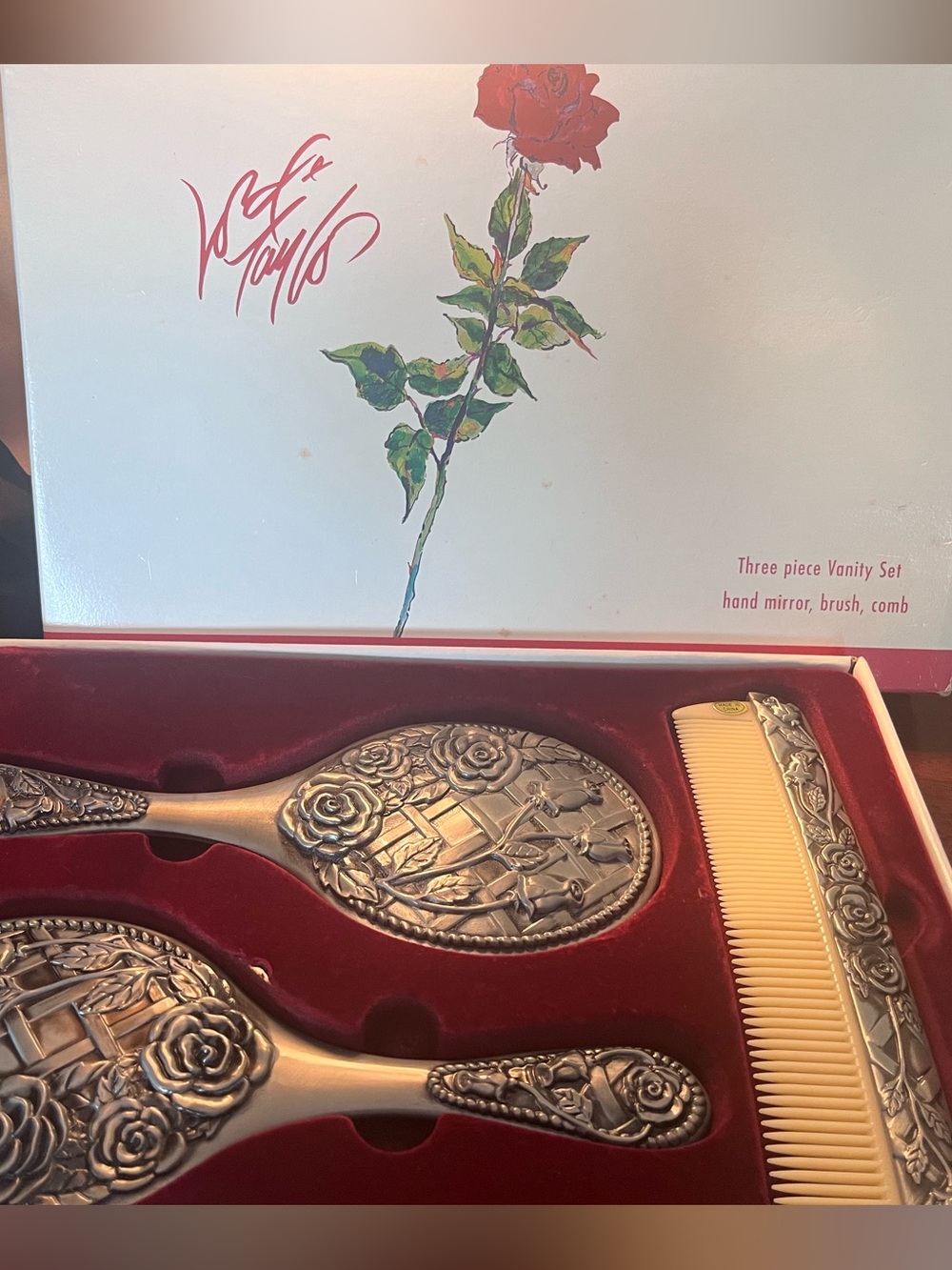Lord & Taylor Silver-Tone Floral Vanity Set with Ivory Comb